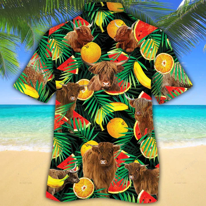 Cow Hawaiian Shirt Gift for Men Women Fans – Highland Cattle Lovers Tropical Fruits – Aloha Shirt Gift for Men Women Fans for Cow Lovers