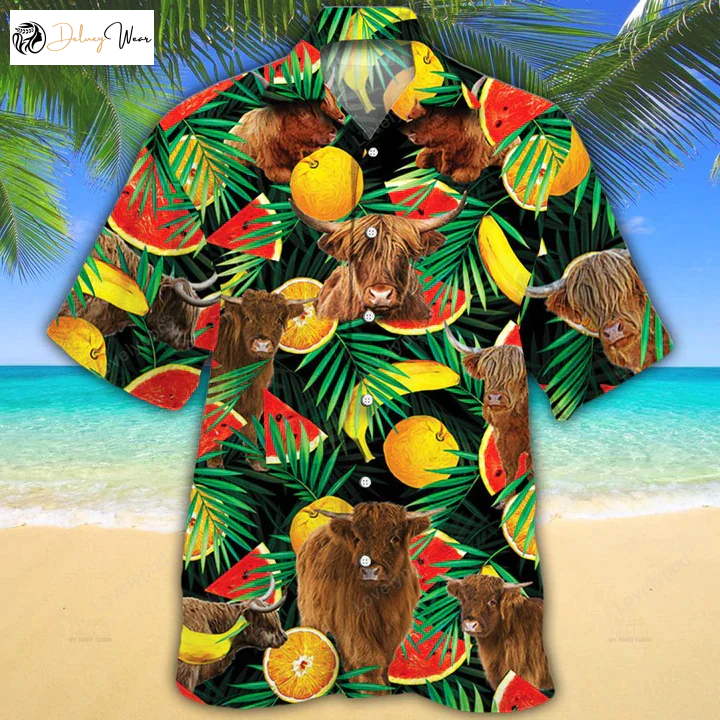 Cow Hawaiian Shirt Gift for Men Women Fans – Highland Cattle Lovers Tropical Fruits – Aloha Shirt Gift for Men Women Fans for Cow Lovers