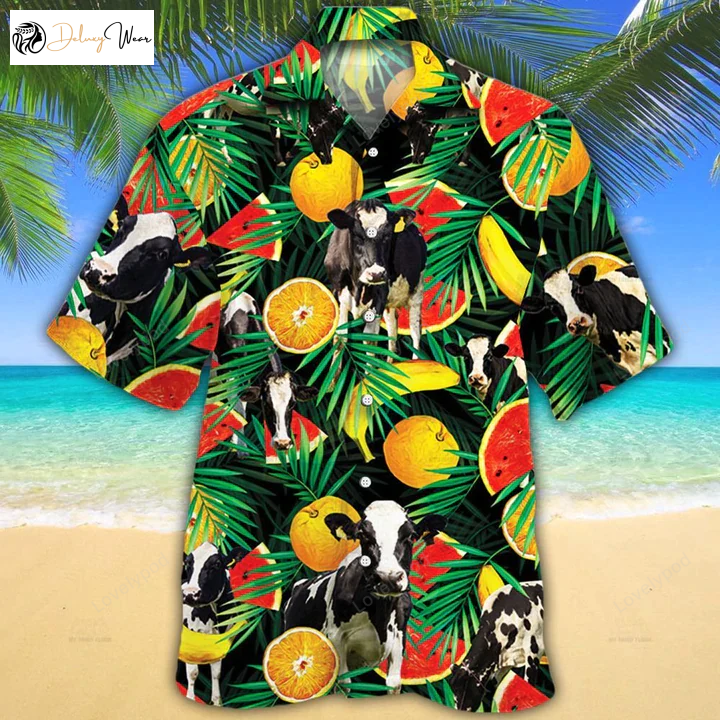 Holstein Friesian Cow Hawaiian Shirt Gift for Men Women Fans: Tropical Fruits Aloha Shirt Gift for Men Women Fans for Cow Lovers