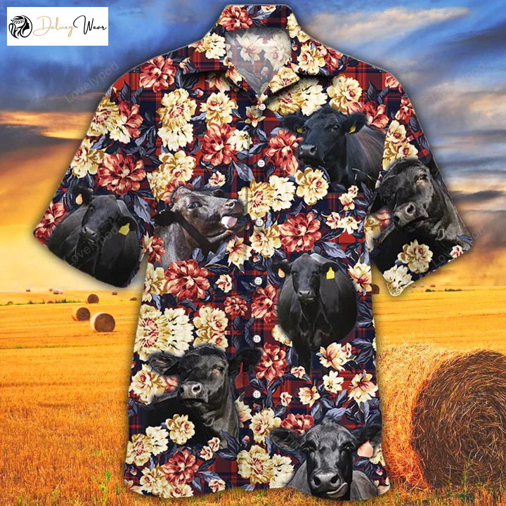 Black Angus Red Plaid Cow Hawaiian Shirt – Stylish Summer Animal Pattern