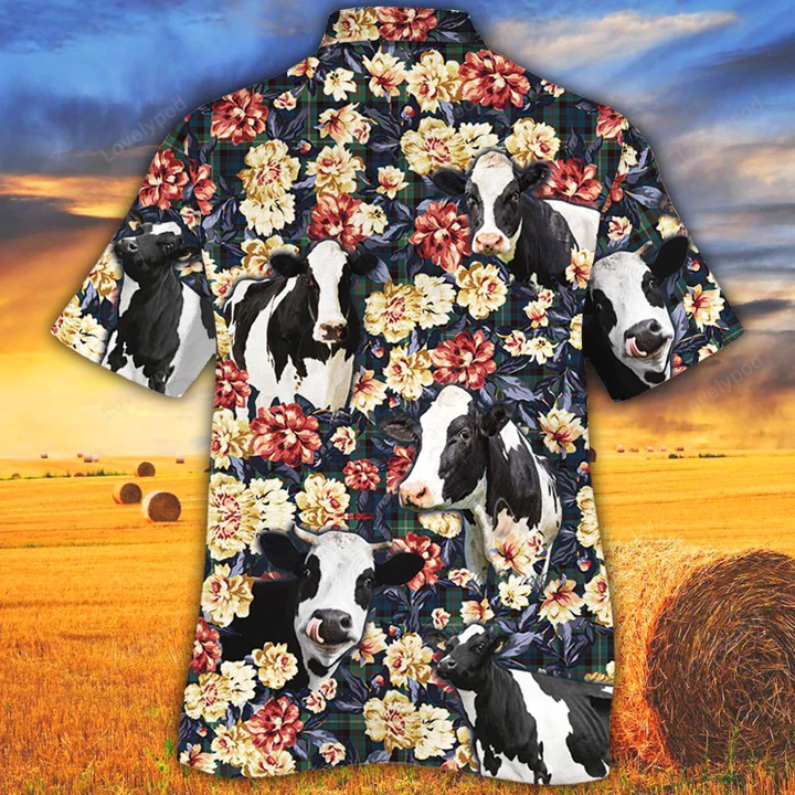 Stylish Cow Hawaiian Shirt – Summer Animal Print in Green Plaid Pattern