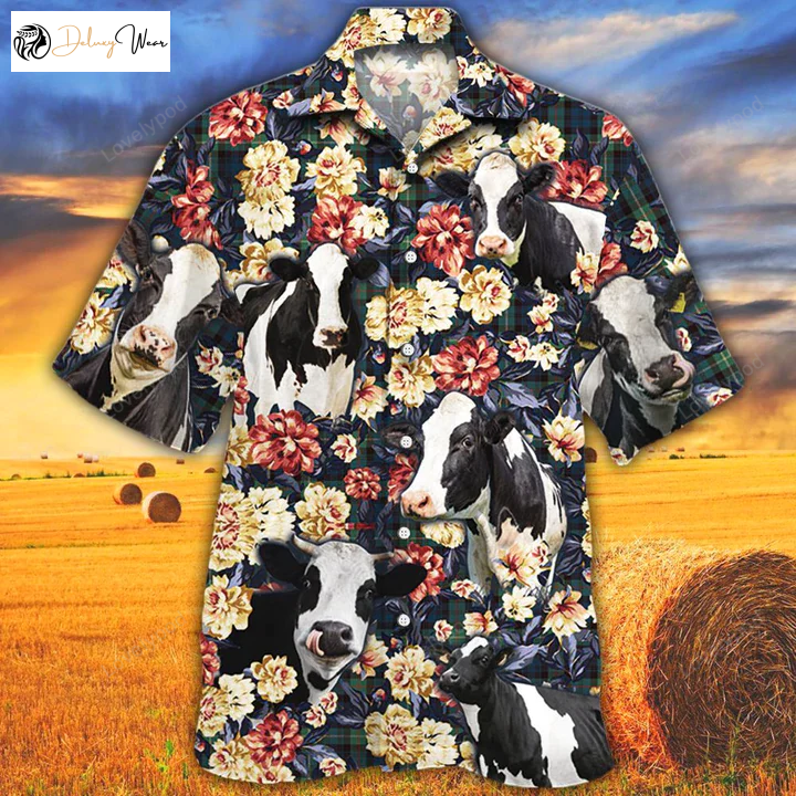Stylish Cow Hawaiian Shirt – Summer Animal Print in Green Plaid Pattern