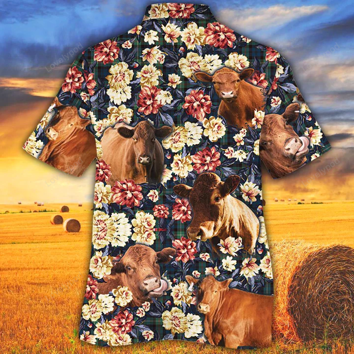 Stylish Cow Hawaiian Shirt: Summer Animal Print with Red Angus Cattle Green Plaid Pattern