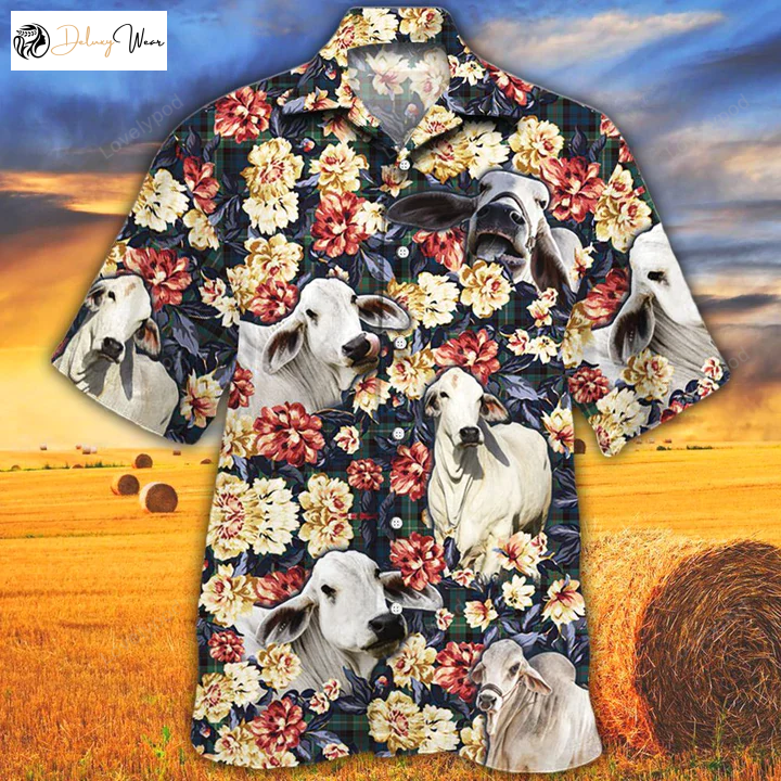 Vintage Cow Men s Hawaiian Shirt Gift for Men Women Fans - Green Plaid Pattern for Brahman Cattle Lovers