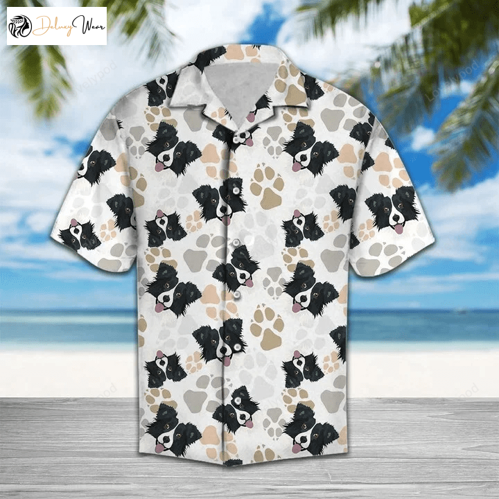Cute Collie Hawaiian Shirt Gift for Men Women Fans: Adorable Face & Paw Pattern for Dog Lovers