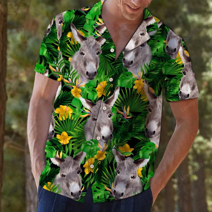 Stylish Donkey Hawaiian Shirt Gift for Men Women Fans: Yellow Flowers & Green Leaves Design