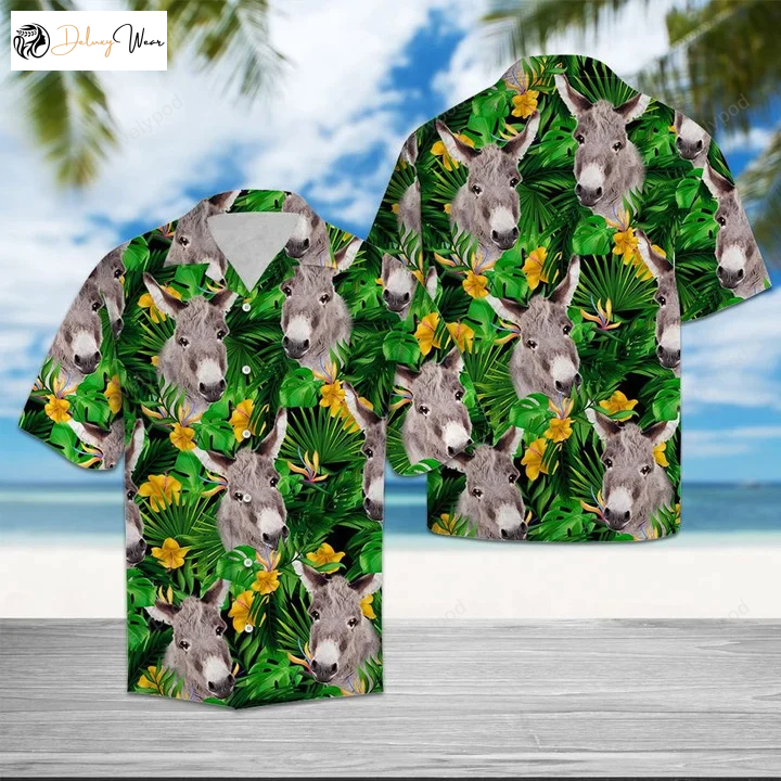 Stylish Donkey Hawaiian Shirt Gift for Men Women Fans: Yellow Flowers & Green Leaves Design