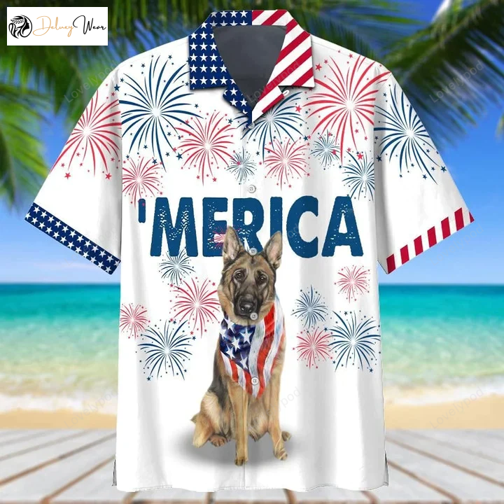 German Shepherd American Flag Red & White Firework Hawaiian Shirt Gift for Men Women Fans – Patriotic Canine Apparel