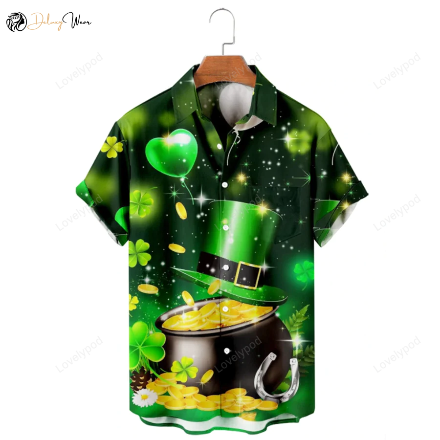 Golden Irish Hawaiian Shirt Gift for Men Women Fans: St Patrick s Day 3D Shirt Gift for Men Women Fans with Shamrock Design
