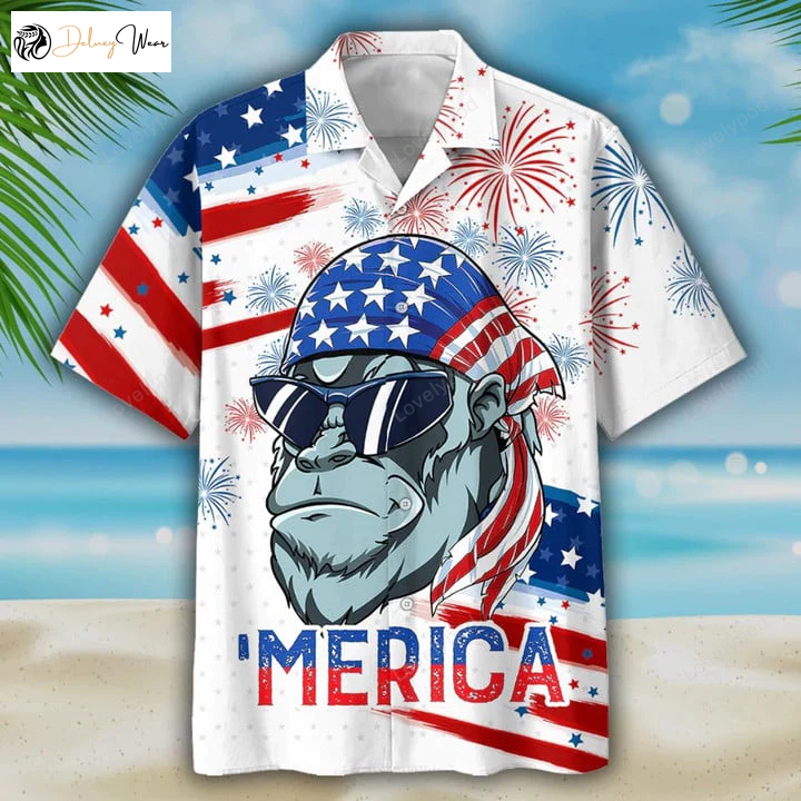 Gorila Hawaiian Shirt Gift for Men Women Fans: USA Flag Pattern for Independence Day Patriotic Merica Hawaii