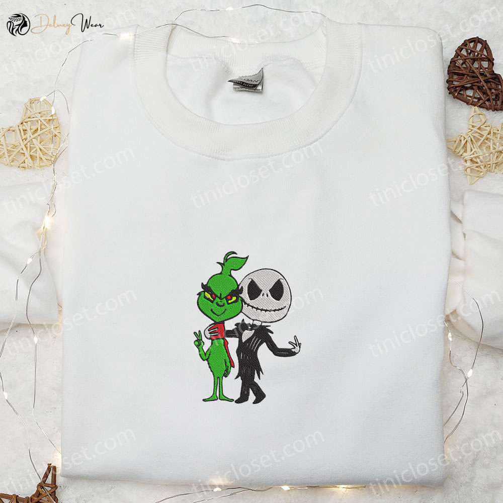 Grinch & Jack Skellington Friends Embroidered Shirt: Funny Halloween Gift for Family
