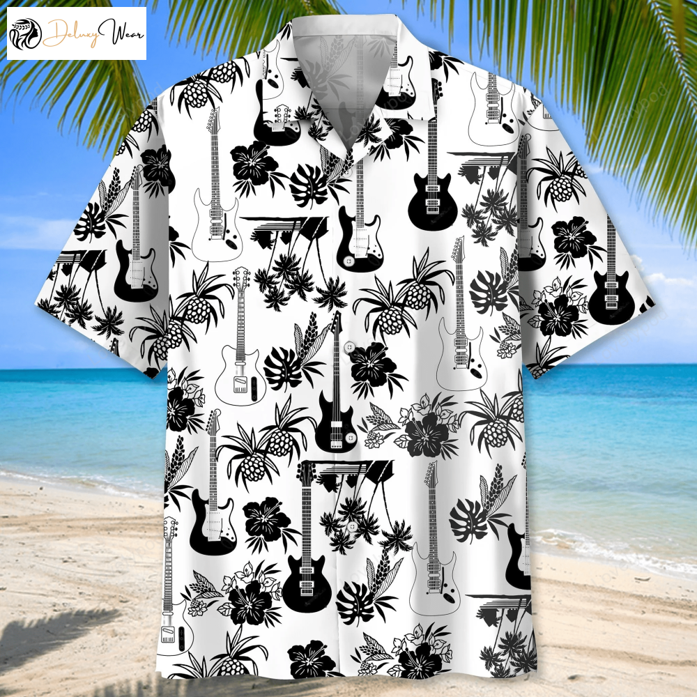 Black & White Pineapple Hibiscus Hawaiian Guitar Shirt Gift for Men Women Fans – Tropical Vibes!