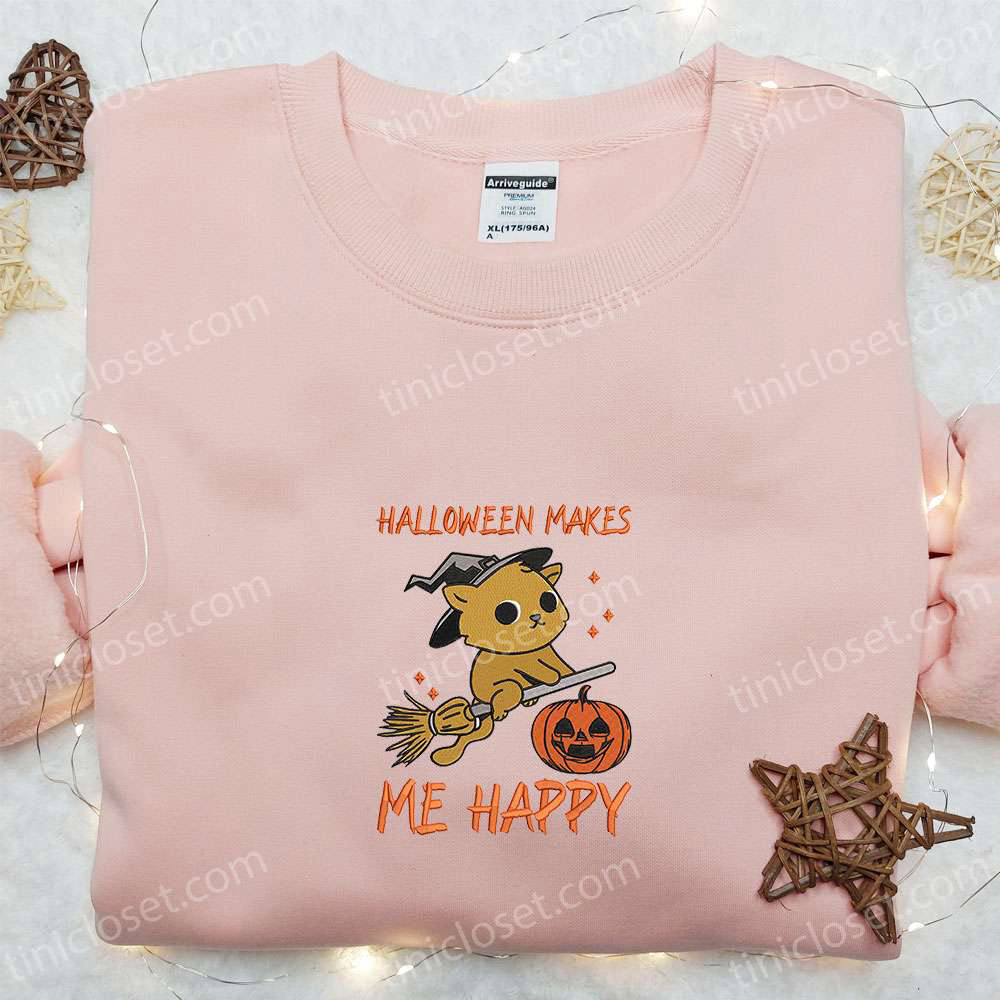 Halloween Witch Cat Embroidered Shirt: Cute Happy & Best Halloween Shirt Ideas
