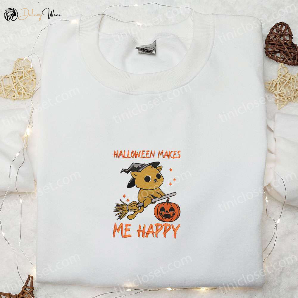Halloween Witch Cat Embroidered Shirt: Cute Happy & Best Halloween Shirt Ideas
