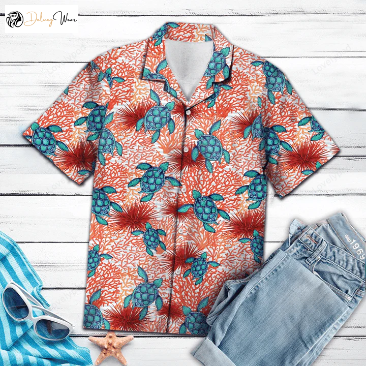 Vibrant Hand-Drawn Blue Turtle Coral Reef Hawaiian Shirt Gift for Men Women Fans – Dive into Style!