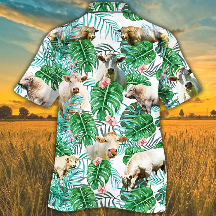 Charolais Cattle Lovers Tropical Plant Hawaiian Shirt – Men s Cow Print