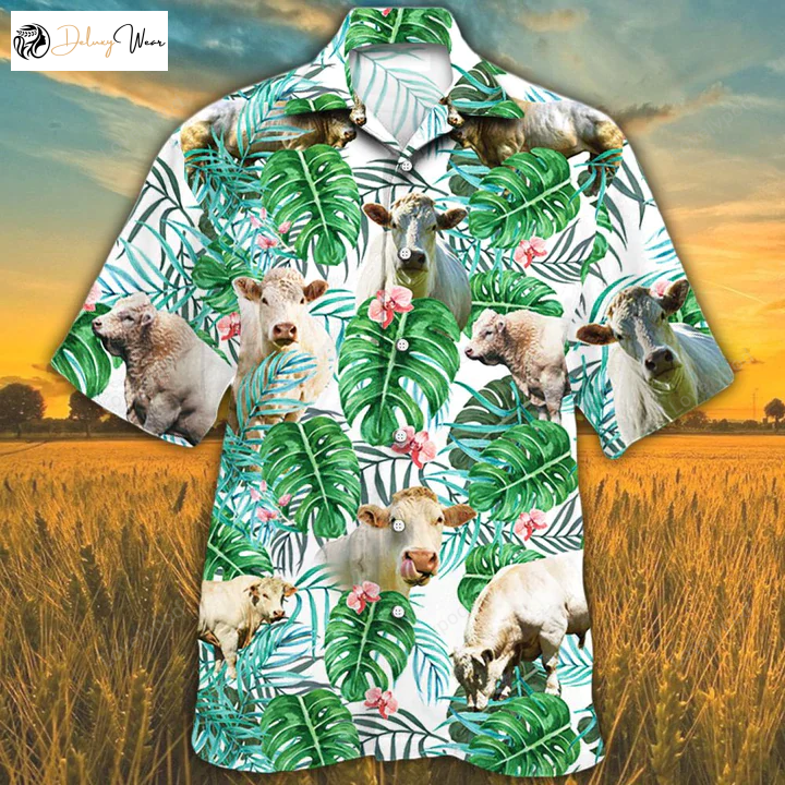 Charolais Cattle Lovers Tropical Plant Hawaiian Shirt – Men s Cow Print