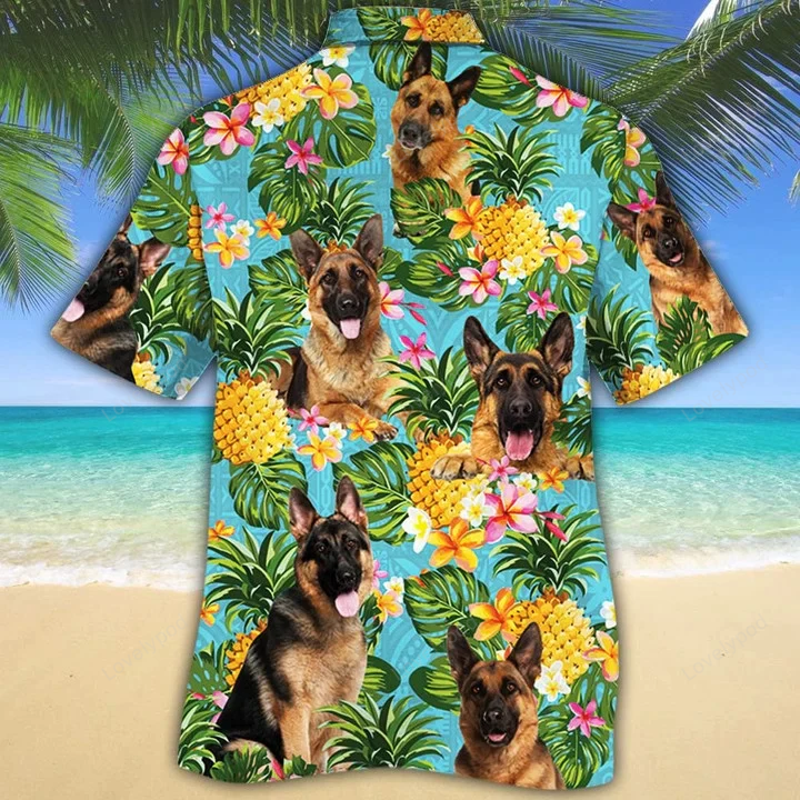 Hawaiian Shirt Gift for Men Women Fans German Shepherd: Tropical Flowers & Pineapples