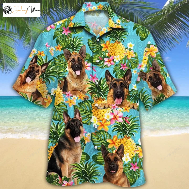 Hawaiian Shirt Gift for Men Women Fans German Shepherd: Tropical Flowers & Pineapples
