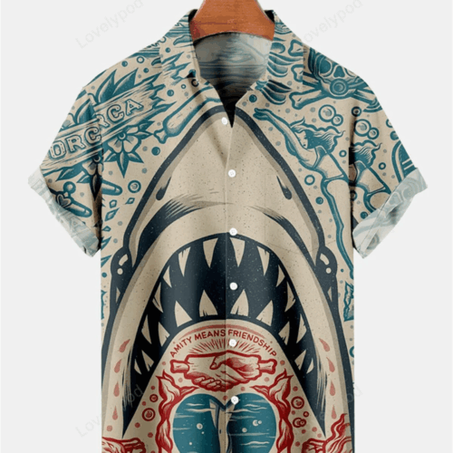 Hawaiian Vintage Shark Print Men s Shirt Gift for Men Women Fans - Independence Day Hawaiian Shirt Gift for Men Women Fans