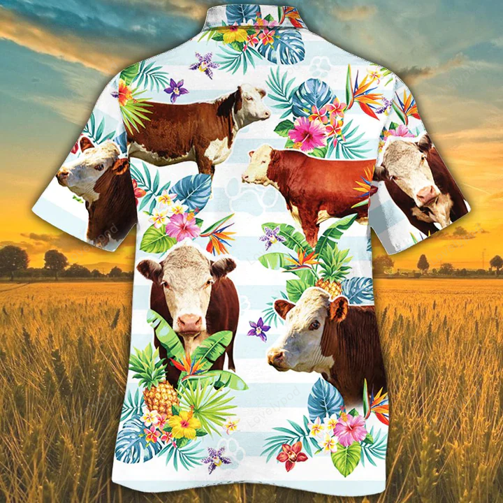 Cow Lovers Hawaiian Shirt Gift for Men Women Fanss: Hereford Cattle Tropical Flower Prints for Men & Women