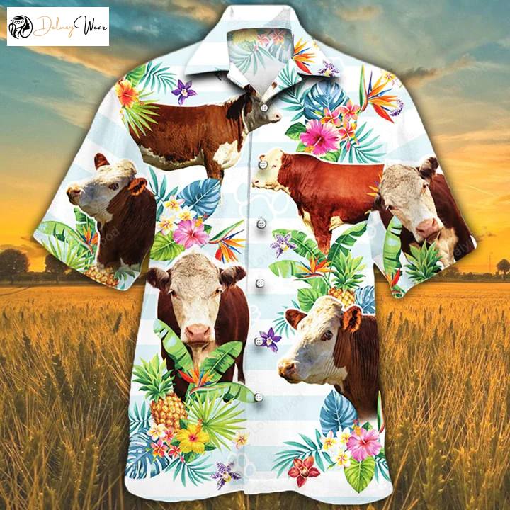 Cow Lovers Hawaiian Shirt Gift for Men Women Fanss: Hereford Cattle Tropical Flower Prints for Men & Women