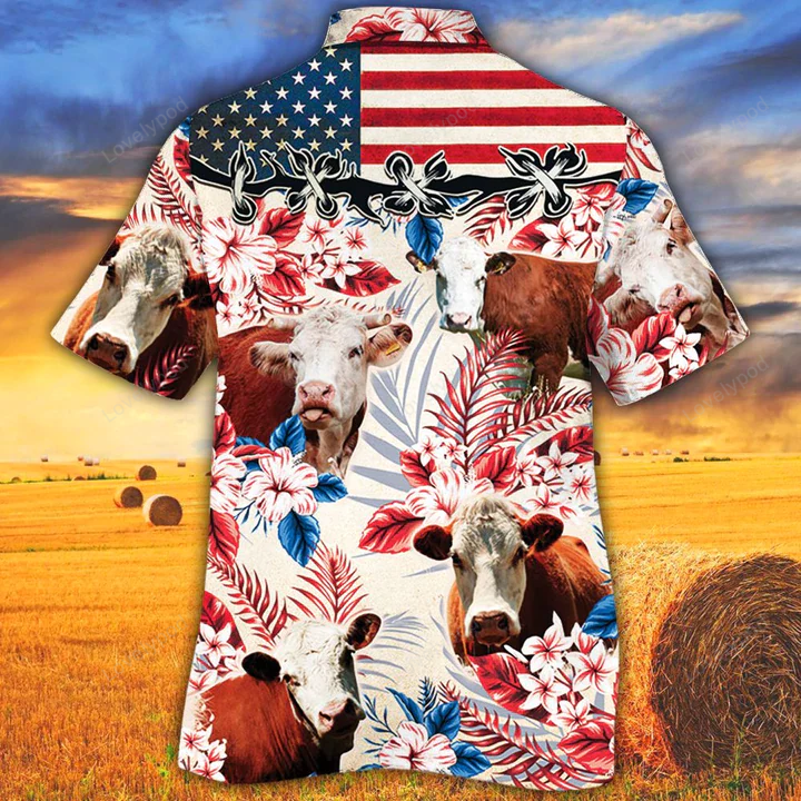 Hereford Cattle Lovers American Flag Hawaiian Shirt Gift for Men Women Fans – Cow Flower Aloha Shirt Gift for Men Women Fans for Men & Women