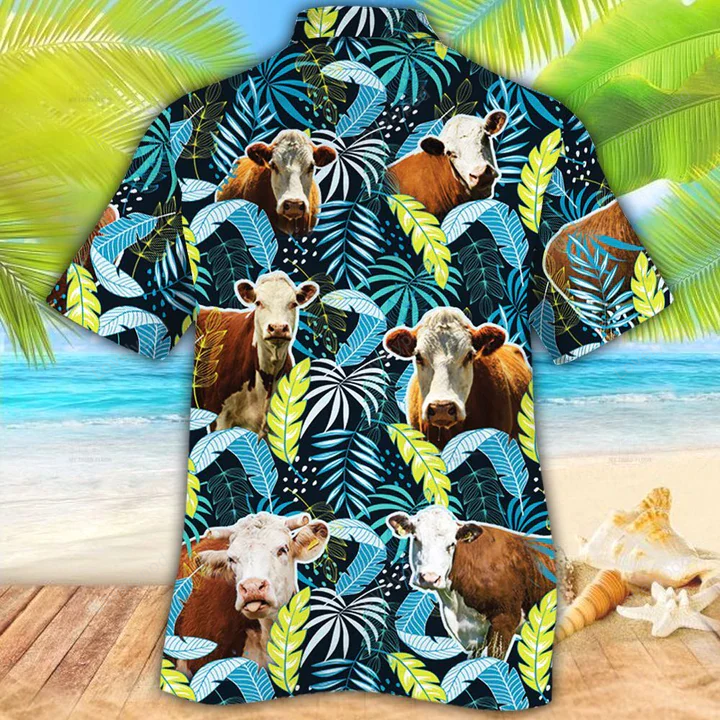 Hereford Cattle Lovers Jungle Leaves Hawaiian Shirt Gift for Men Women Fans – Cow Flower Aloha Shirt Gift for Men Women Fans for Men and Women