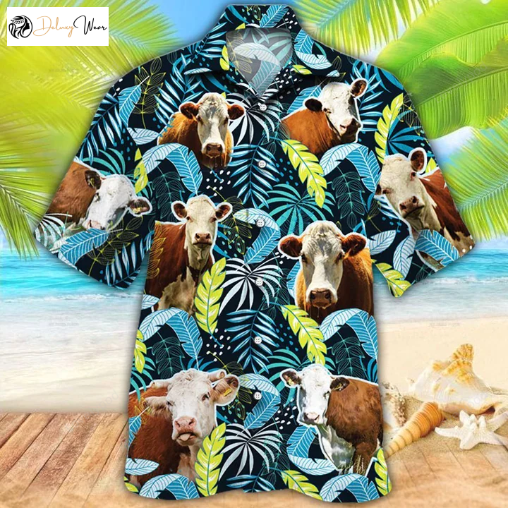 Hereford Cattle Lovers Jungle Leaves Hawaiian Shirt Gift for Men Women Fans - Cow Flower Aloha Shirt Gift for Men Women Fans for Men and Women