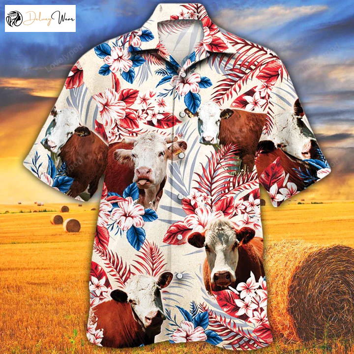 Texas Flag Hawaiian Shirt Gift for Men Women Fans: Hereford Cattle Lovers Cow Flower Aloha Shirt Gift for Men Women Fans for Men & Women