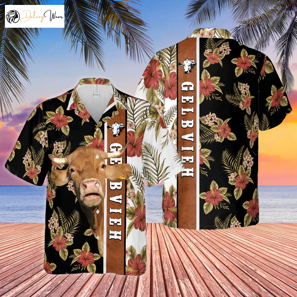 Hibiscus Flowers Gelbvieh Cattle Brown Hawaiian Shirt Gift for Men Women Fans - Stylish Cow Print Summer Gift for Men and Women