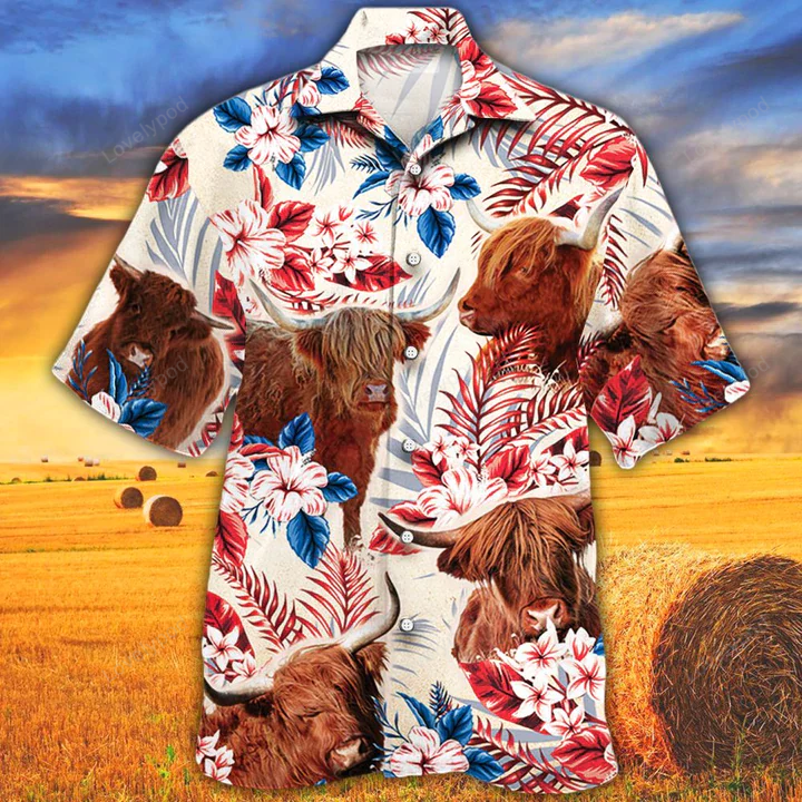 Hawaiian Shirt Gift for Men Women Fans for Highland Cattle Lovers: American Flag & Cow Flower Aloha Shirt Gift for Men Women Fans – Men & Women