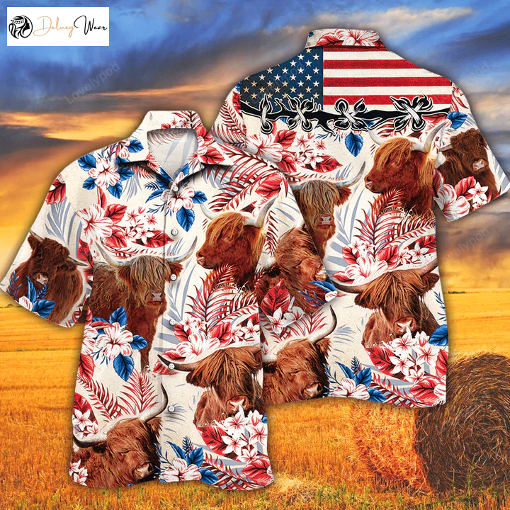 Hawaiian Shirt Gift for Men Women Fans for Highland Cattle Lovers: American Flag & Cow Flower Aloha Shirt Gift for Men Women Fans – Men & Women