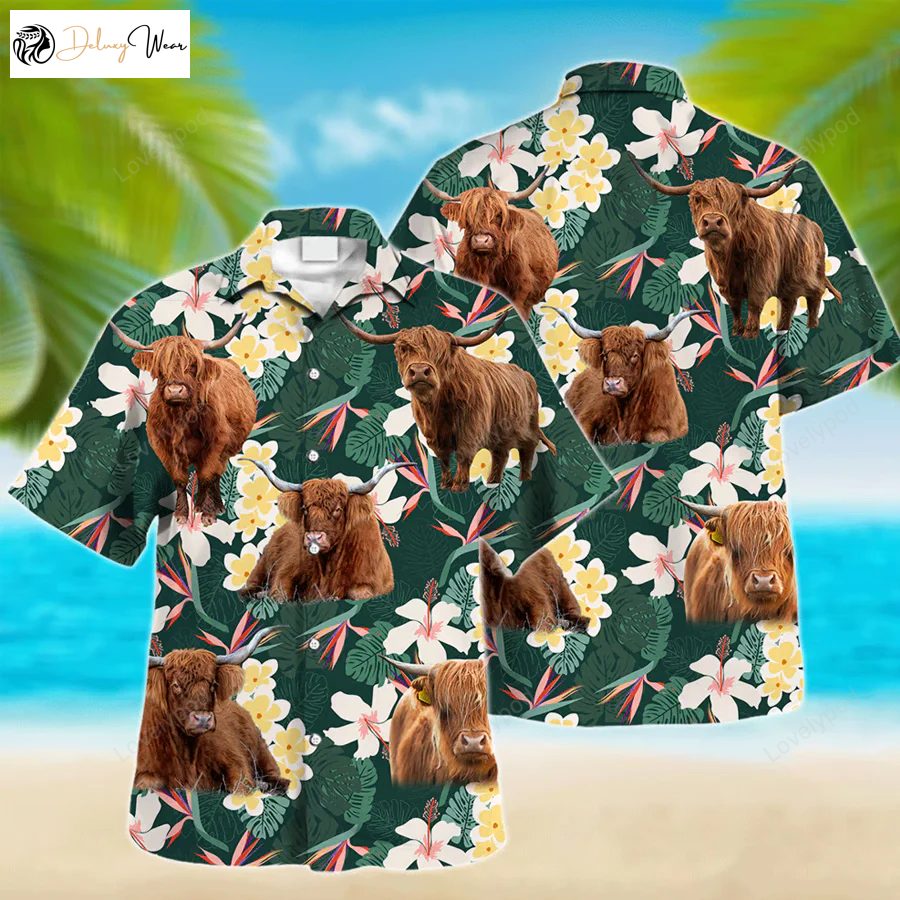 Highland Cow Hawaiian Shirt – Farm Lover Men s Short Sleeve Aloha Shirt