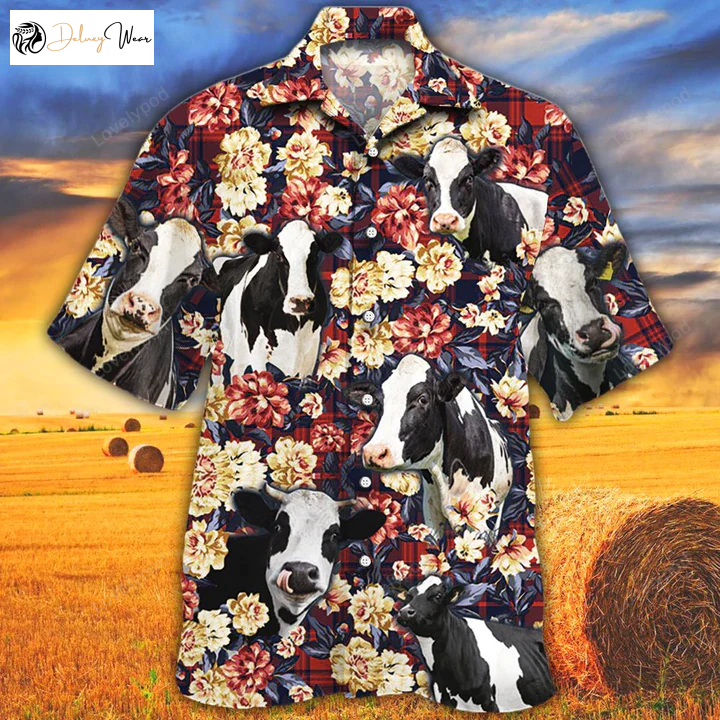 Holstein Friesian Cattle Lovers: Red Plaid Hawaiian Shirt Gift for Men Women Fans for Men - Summer Cow Animal Print