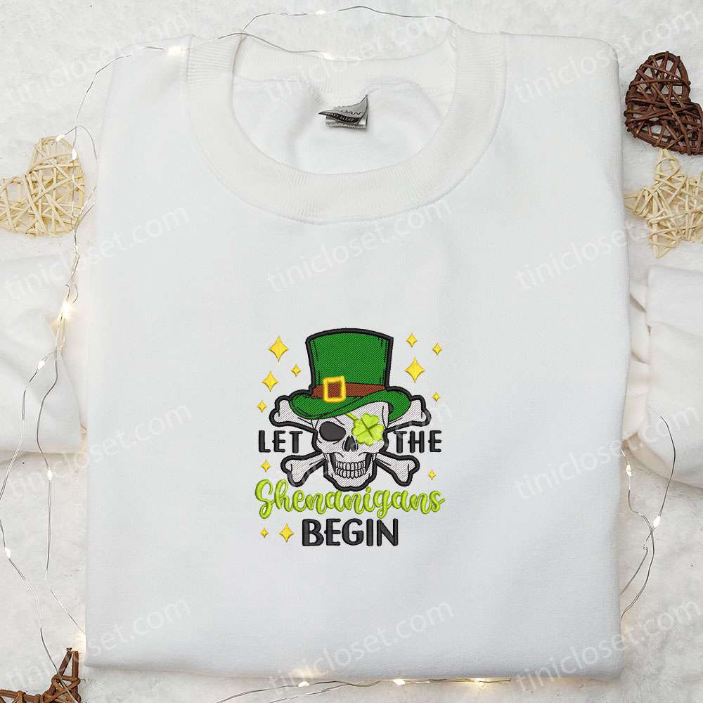 Shamrock Skull Embroidered Shirt & Hoodie: Let the Shenanigans Begin! Perfect Saint Patrick’s Day Gift
