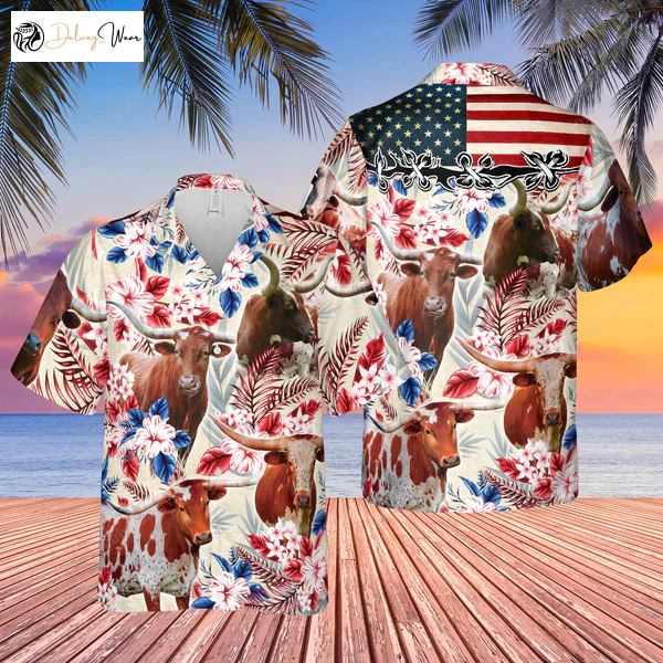Longhorn Cattle American Flag Hawaiian Flowers 3D Hawaiian Shirt Gift for Men Women Fans - Cow Shirt Gift for Men Women Fans for Men & Women