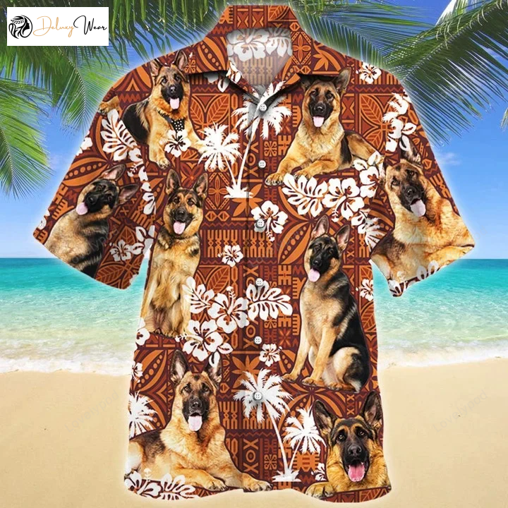 Stylish German Shepherd Dog Lover s Hawaiian Shirt Gift for Men Women Fans with Red Tribal Pattern