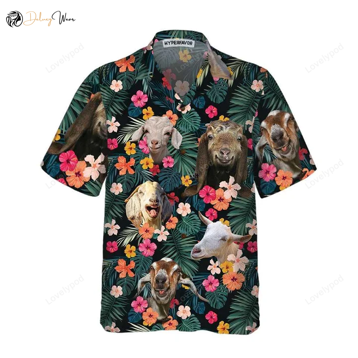 Lovely Goat Aloha Tropical Hawaiian Shirt Gift for Men Women Fans Plumeria & Monstera Leaves Design