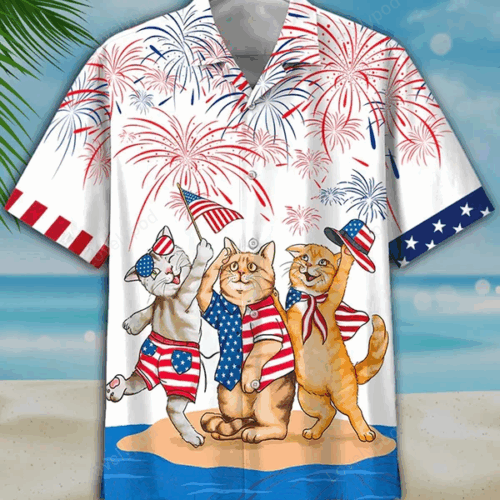 USA Patriotic Hawaiian Shirt for Men – 4th of July Cat Design