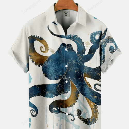 Men s Sea Life Octopus Ink Splatter Hawaiian Shirt Gift for Men Women Fans – Stylish Short Sleeve Design