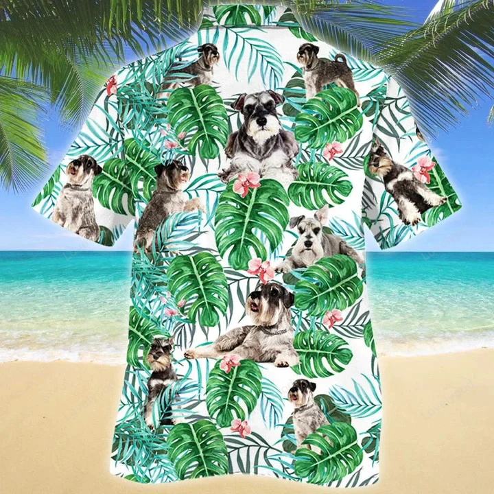 Miniature Schnauzer Hawaiian Shirt Gift for Men Women Fans with Montera Leaves Pattern – Tropical Dog Apparel