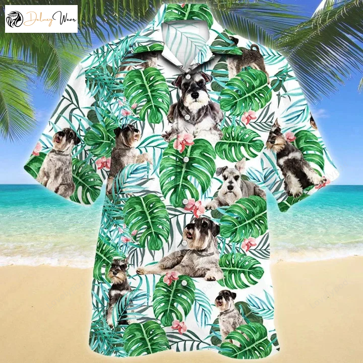 Miniature Schnauzer Hawaiian Shirt Gift for Men Women Fans with Montera Leaves Pattern – Tropical Dog Apparel
