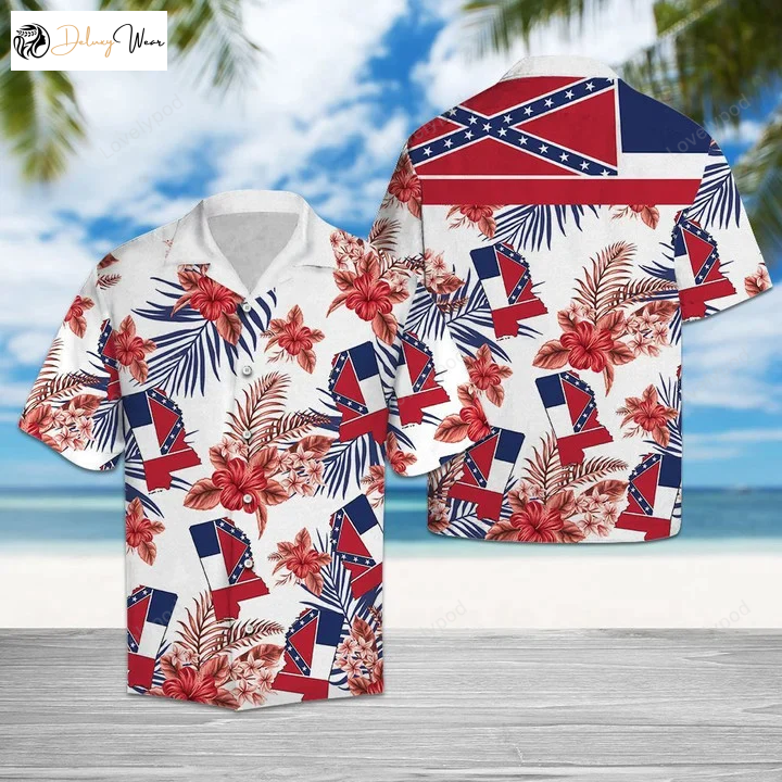 Stylish Mississippi Map Hawaiian Shirt Gift for Men Women Fans with White Hibiscus Design