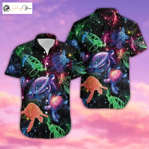 Vibrant Neon Glowing Turtle Hawaiian Shirt for Men: Colorful & Stylish Aloha Attire