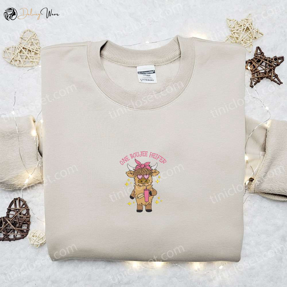 Boujee Heifer Highland Cow Shirt & Hoodie: Embroidered Animal Apparel Perfect Gift Idea