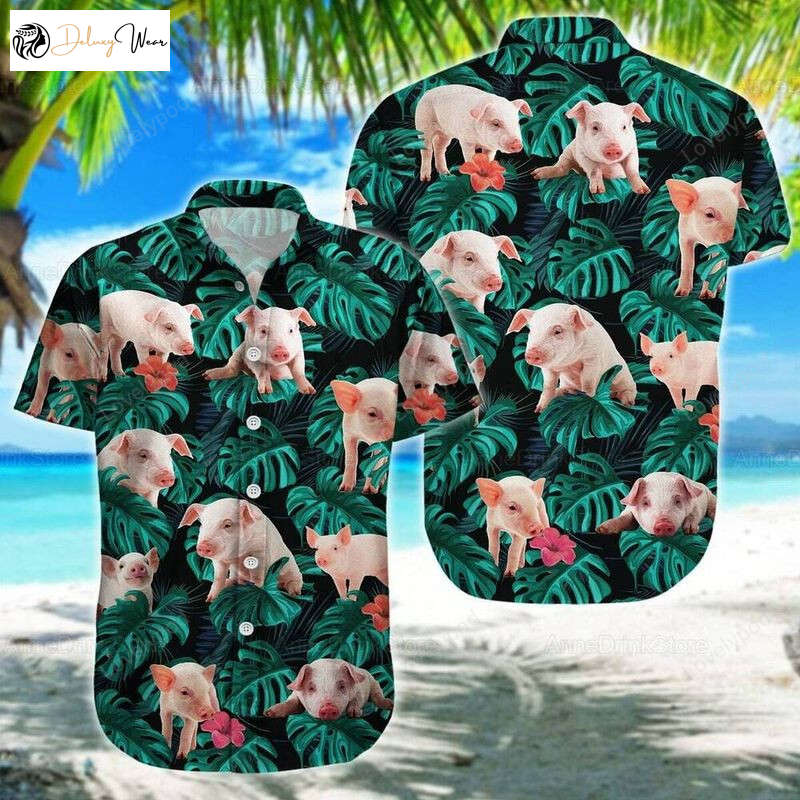 Cute Pig Aloha Hawaiian Shirt – Baby Pig & Tropical Leaves Pattern Perfect for Summer Fun!