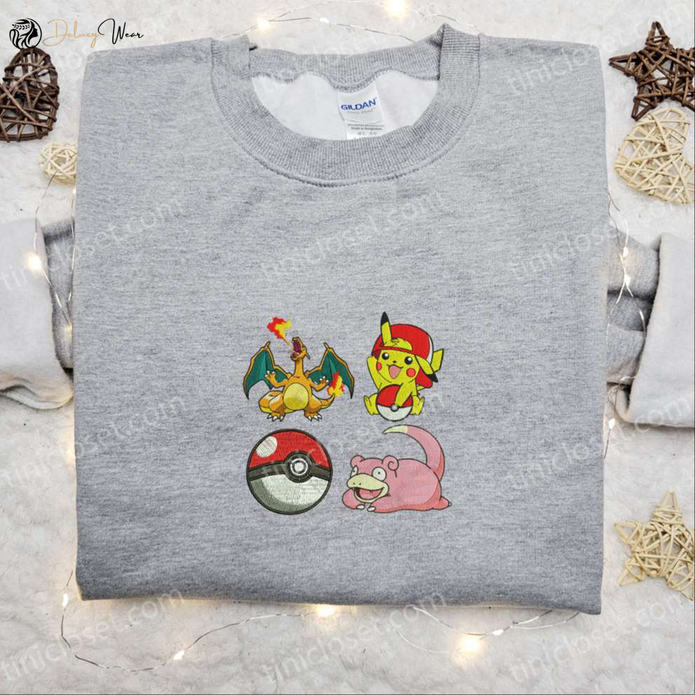 Pokemon Embroidered Shirt & Hoodie: Pikachu Charmander Slowpoke Pokeball - Best Anime Gift Idea