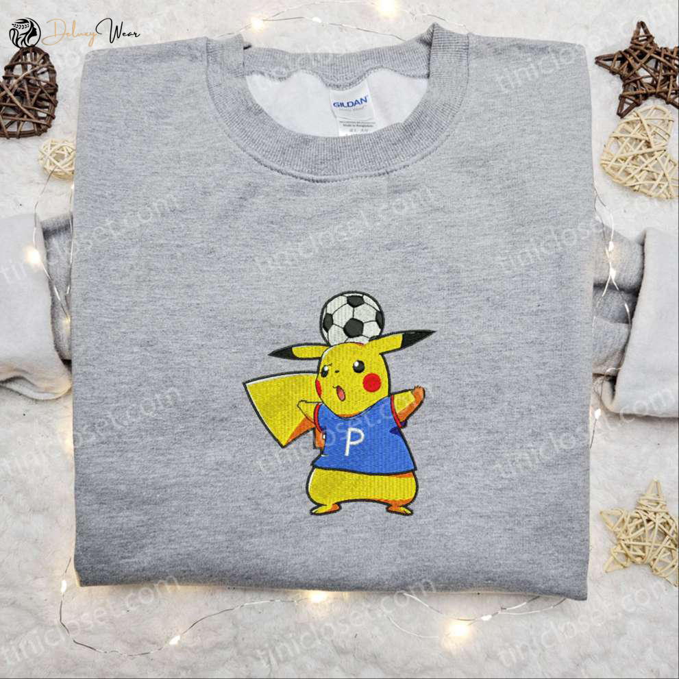 Pikachu Plays Soccer Embroidered Shirt & Pokemon Anime Hoodie: Perfect Sports Gift Idea
