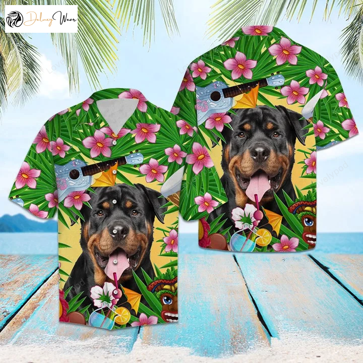 Summer Party Hawaiian Shirt Gift for Men Women Fans: Playful Rottweiler Chilling Pattern
